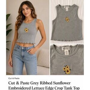 Cut & Paste Grey Ribbed Sunflower Embroidered Lettuce Edge Crop Tank Top Small